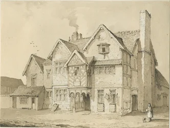 Stafford - Vecchie case in Crabbery Lane: disegno a penna e seppia