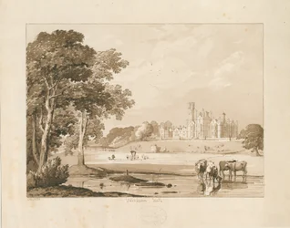 Thickbroom Hall [Manley Hall]: disegno a lavaggio seppia, 1837