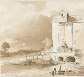 Castello di Tutbury: Vista distante dal fiume Dove (disegno a matita e acquerello, 1836)
