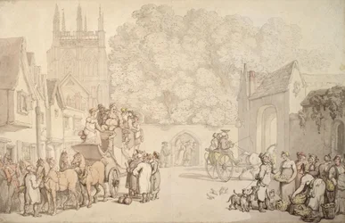 Una carrozza che si prepara a lasciare Canterbury Gate, Christ Church, Oxford, c.1810-15