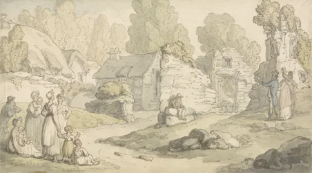Scena di villaggio con figure e edifici in rovina