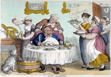 Borghese davanti a un pasto plethorico servito da molti servitori - caricatura di Rowlandson