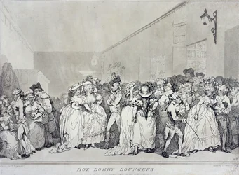 Box Lobby Loungers, inciso da Rowlandson da un disegno di Henry Wigstead, pub. da John Raphael Smith, 1786