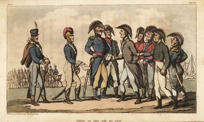 Il capitano Johnny Newcome in servizio come aiutante di campo del duca di Wellington durante la campagna della penisola. Incisione a mano colorata su rame disegnata e incisa da Thomas Rowlandson da Le avventure militari di Johnny Newcome del colonnello Dav
