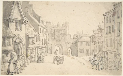 Veduta della città con porta medievale (forse York)