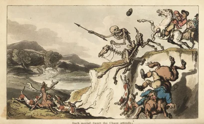 La Morte con il suo dardo su un cavallo scheletrico cavalca su una scogliera mentre un cacciatore sfortunato e i suoi cani cadono alla loro morte. Altri cani da caccia fanno a pezzi un cervo. Incisione colorata a mano disegnata e incisa da Thomas Rowlandso
