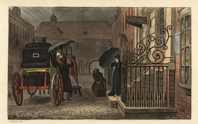 Partenza: turisti caricano i bagagli su una carrozza davanti a un hotel sotto la pioggia. Incisione a mano colorata su rame di Thomas Rowlandson, acquaforte di J.C. Stadler, da un disegno di J. Green da Poetical Sketches of Scarborough, Ackermann, Londra