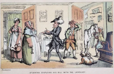 Il dottore che disputa un conto (in un hotel?) - in "I tre viaggi del dottor Syntax: alla ricerca del pittoresco, della consolazione e di una moglie" di William Combe, ill. Rowlandson