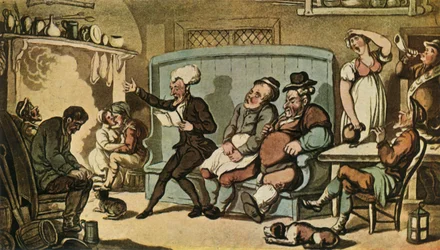 Il dottor Syntax legge il suo tour nella cucina della Dun Cow, c1815
