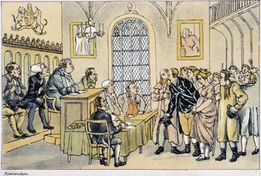 Il dottor Syntax davanti alla Corte di Giustizia - in "I tre viaggi del dottor Syntax alla ricerca del pittoresco, della consolazione e di una moglie" di W. Combe, ill. di Rowlandson, Londra, Hotten