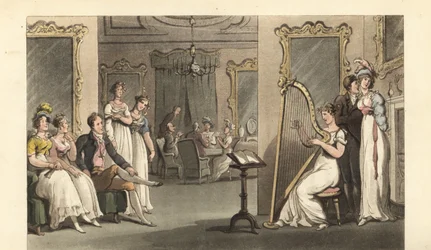 Gentiluomo inglese e signore che ascoltano un arpista a un ballo