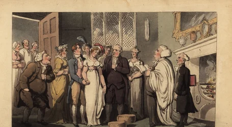 Gentiluomo inglese che sposa la sua sposa in una casa signorile