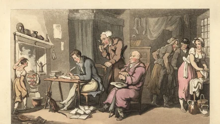 Gentiluomo inglese che scrive una lettera di supplica in un salotto decrepito