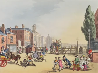 Ingresso del casello di Tottenham Court Road con vista sulla cappella di St. James, inciso da Heinrich Joseph Schutz, pub. 1809