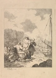 Pescatori sulla riva - Scena costiera con un uomo seduto su rocce e che fuma una pipa, 1786
