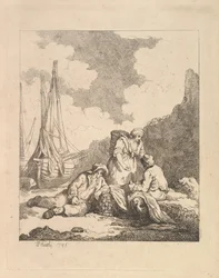 Pescatori sulla Riva - Scena Costiera con un Uomo Seduto a Terra che Riposa un Gomito o..., 1786