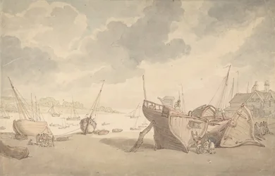 Scena del porto con la marea bassa e barche arenate