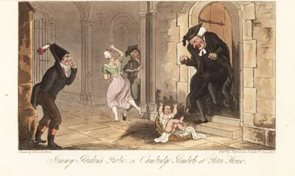 James Gordon, un noto ubriacone di Cambridge, lascia un bambino come scherzo davanti alla casa di un decano del college. Le follie di Jemmy Gordon, o le scorribande di Cambridge a Peter House. Incisione a mano colorata disegnata e incisa da Thomas Rowlands