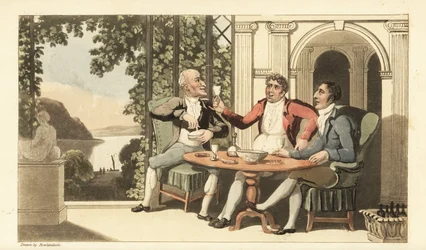 Johnny e amici che bevono e cantano su una terrazza con vista sul Tamigi. Incisione a mano colorata su rame di Thomas Rowlandson da La storia di Johnny Quae Genus di William Combe, il piccolo trovatello del defunto dottor Syntax
