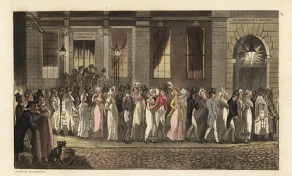 Johnny e altri festaioli arrestati dal guardiano notturno dopo una festa danzante tumultuosa a Covent Garden Chambers. Incisione a mano colorata su rame di Thomas Rowlandson da La storia di Johnny Quae Genus di William Combe, il piccolo trovatello del defu