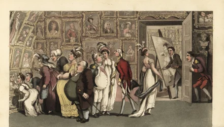 Johnny in servizio al pittore di ritratti Carmine nella sua galleria. Quando è solo, Johnny deturpa i ritratti con il gesso e provoca un putiferio. Incisione a mano colorata su rame di Thomas Rowlandson da La storia di Johnny Quae Genus, il piccolo trova