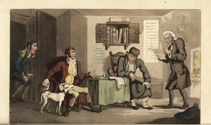 Johnny al servizio di Jacob Levi, il prestatore di denaro. Incisione a mano colorata su rame di Thomas Rowlandson da La storia di Johnny Quae Genus di William Combe, il piccolo trovatello del defunto dottor Syntax