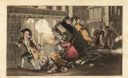 Johnny buttato fuori da una sedia a portantina quando i portatori si schiantano su un mucchio di pietre in strada. Arriva il guardiano notturno con lanterne e sonagli. Incisione a colori di Thomas Rowlandson dal libro di William Combe 