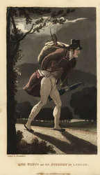 Johnny cammina sulla strada illuminata dalla luna verso Londra. Ha uno zaino con un violino, un libro nella tasca del cappotto e porta un ombrello. Incisione a mano colorata su rame di Thomas Rowlandson da La storia di Johnny Quae Genus di William Combe, i