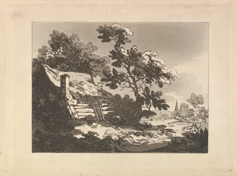 Paesaggio con cottage tra gli alberi a sinistra e una guglia di chiesa in lontananza a destra
