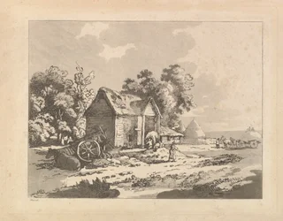 Paesaggio con figure che immagazzinano fieno in un fienile, un carro e un cavallo sdraiato a sinistra, 1783-84