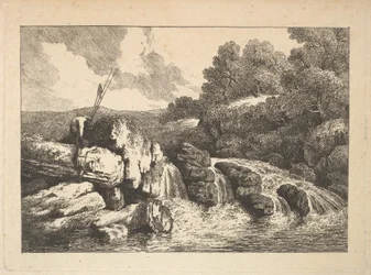 Paesaggio con due pescatori che scalano rocce vicino a una cascata