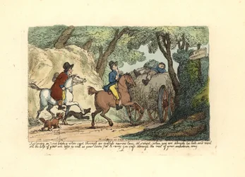 Uomo a cavallo dietro un carro lento su una strada stretta