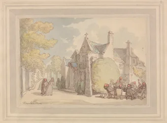 Monaci che festeggiano fuori da un monastero