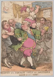 Recupero di un titolo dormiente o un fabbricante di pantaloni diventato un lord, pub. 1805 (incisione colorata a mano)
