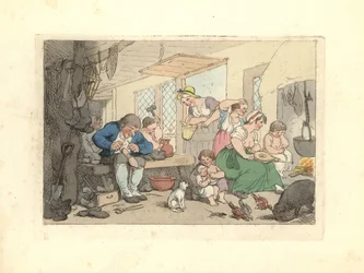 Calzolaio del periodo Regency che ripara scarpe in una stanza affollata