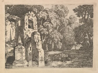 Rovine accanto a una piscina in un paesaggio boscoso