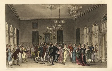 La sala da ballo: turisti alla moda che ballano nelle Assembly Rooms di Scarborough. Ogni gentiluomo che balla paga 2s, e ogni signora che beve tè paga 1s. Incisione a mano colorata di Thomas Rowlandson da Poetical Sketches of Scarborough, Ackermann, Londr
