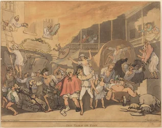 Il cortile della locanda in fiamme