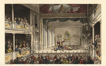 Il teatro: turisti che godono di uno spettacolo al Teatro di Scarborough. Incisione a mano colorata da Thomas Rowlandson da uno schizzo di J. Green da Poetical Sketches of Scarborough, Ackermann, Londra