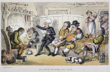 Il dottore legge a una veglia - in "I tre viaggi del dottor Syntax: alla ricerca del pittoresco, della consolazione e di una moglie" di William Combe, ill. Rowlandson