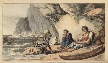 La figura scheletrica della Morte siede su una spiaggia con due marinai naufragati. Incisione a mano colorata disegnata e incisa da Thomas Rowlandson da The English Dance of Death, Ackermann, Londra