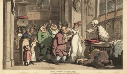 Lo scheletro della Morte come sacerdote celebra il matrimonio tra una giovane donna e un vecchio brutto. Incisione colorata a mano disegnata e incisa da Thomas Rowlandson da 