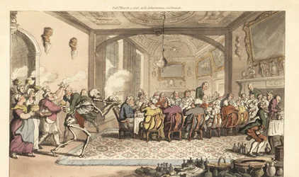 Lo scheletro della Morte porta un piatto fatale a un banchetto goloso in una grande sala. Incisione a mano colorata disegnata e incisa da Thomas Rowlandson da The English Dance of Death, Ackermann, Londra