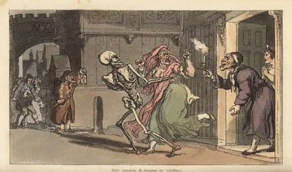 La morte porta via una virago da una casa mentre una guardia notturna con lanterna osserva. Incisione a mano colorata di Thomas Rowlandson da The English Dance of Death, Ackermann, Londra