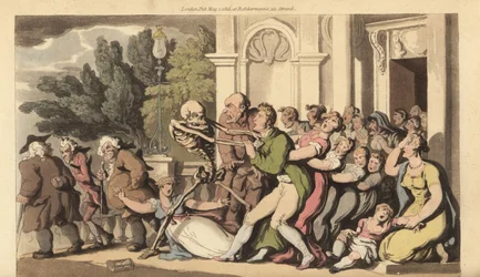 Lo scheletro della Morte afferra un padre per il colletto, mentre sua moglie e i suoi figli cercano disperatamente di salvarlo. Incisione a mano colorata disegnata e incisa da Thomas Rowlandson da The English Dance of Death