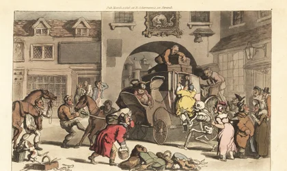 Lo scheletro della Morte aiuta una grande matrona a salire sull