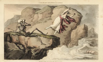 Lo scheletro della Morte tiene un fazzoletto alla cavità oculare mentre una donna si suicida gettandosi da una scogliera per raggiungere il suo amante annegato. Incisione su rame colorata a mano, disegnata e incisa da Thomas Rowlandson, da The English