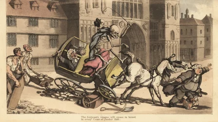 Lo scheletro della Morte in mantello e cappello guida una carrozza a due cavalli che si schianta contro lavori stradali uccidendo il suo passeggero, un ufficiale di corte. Incisione a mano colorata su rame disegnata e incisa da Thomas Rowlandson da The Eng