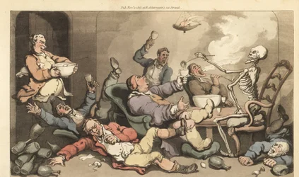 Lo scheletro della Morte versa punch in un bicchiere di un Toastmaster con la gotta a una festa di bevute georgiana. Incisione colorata a mano disegnata e incisa da Thomas Rowlandson da The English Dance of Death, Ackermann, Londra