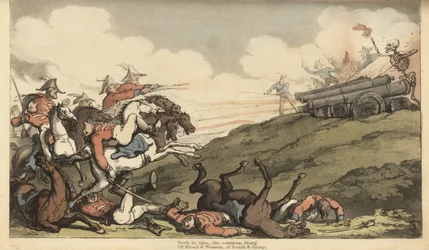 Lo scheletro della Morte lancia una raffica di fuoco di cannone contro una carica di cavalleria inglese. Incisione colorata a mano disegnata e incisa da Thomas Rowlandson da The English Dance of Death, Ackermann, Londra